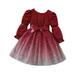 Funicet Toddler Girls Set Long Sleeve Mesh Dress Bubble Sleeve Dress Winter Velvet Patchwork Mesh Gown Dress Ruffle Cuff Dress for 3-8 Years Old Red 6Y