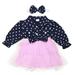 NKOOGH Girls Outfits Dot Lapel Single Blouse and Mesh Skirts Long Sleeved Tops Skirts Headband Outfits Set Three Piece Outfits Dark Blue 6