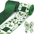 2 Rolls 10 Yards St. Patrick s Day Wired Edge Ribbon 2.5inch Green Shamrock Hat Burlap Ribbon Lucky Clover Green Glitter Ribbon for Irish Holiday DIY Craft Wreath Bow Party Decor