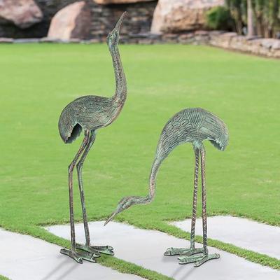 Foraging Cranes Garden Sculptures Verdi Bronze Set of Two, Set of Two, Verdi Bronze