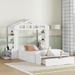 Twin Size House Bed with Shelves, Socket & Bench at The Foot, Wooden Low Platform Bedframe with Roofed Storage for Boys/Girls