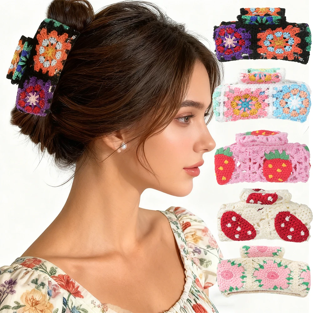 AWAYTR Gestrickte große Blumen-Haarspange für Frauen, süße Häkel-Haarnadeln, Baumwoll-Haarklammern, Krabbenklemme, Haarspangen, Haar-Accessoire Image