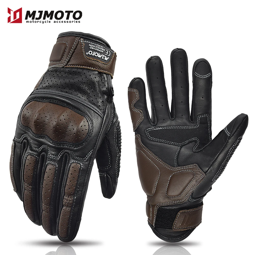 Vintage Leder Motorradhandschuhe CE-Zertifizierung Sommer perforierte Motorrad-Rennhandschuhe Touchscreen Motocross Moto Handschuhe Image