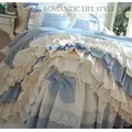 Parure de lit de luxe haut de gamme en coton égyptien plaid bleu couches de gâteau dentelle à