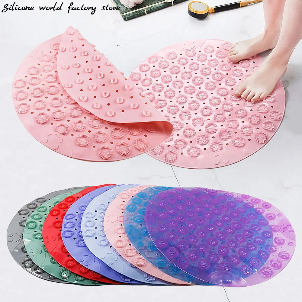 Tapis de salle de bain rond antidérapant en PVC, monde en Silicone, douche, salle de bain, Massage des pieds, ventouse avec trou de vidange, tapis de sol