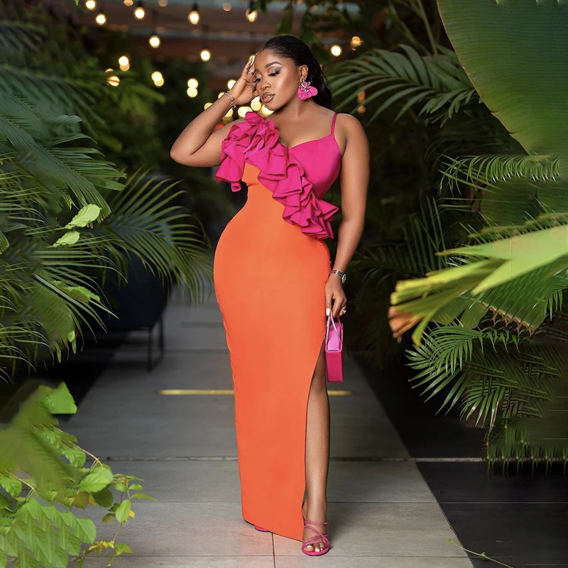 2023 neue Mode orange Farbe Frauen ärmellose sexy V-Ausschnitt Rüschen Bodycon Mid-Calf Verband Kleid Geburtstag feiern Party kleid