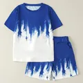 Set di costumi da bagno stampati blu e bianchi da bambino in 2 pezzi: t-shirt leggera con motivi