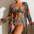 Ensemble 3 pièces bikini push-up et blouse en maille à manches longues pour femme vêtements de