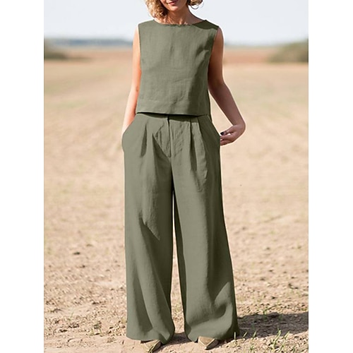 Damen-Tanktop-Set aus Baumwoll-Leinen-Shirts, olivgrün, marineblau, khaki, einfarbig, 2-teilig, weites Bein, Streetstyle, Alltagsmode, Rundhalsausschnitt, normale Passform, Größe M Image