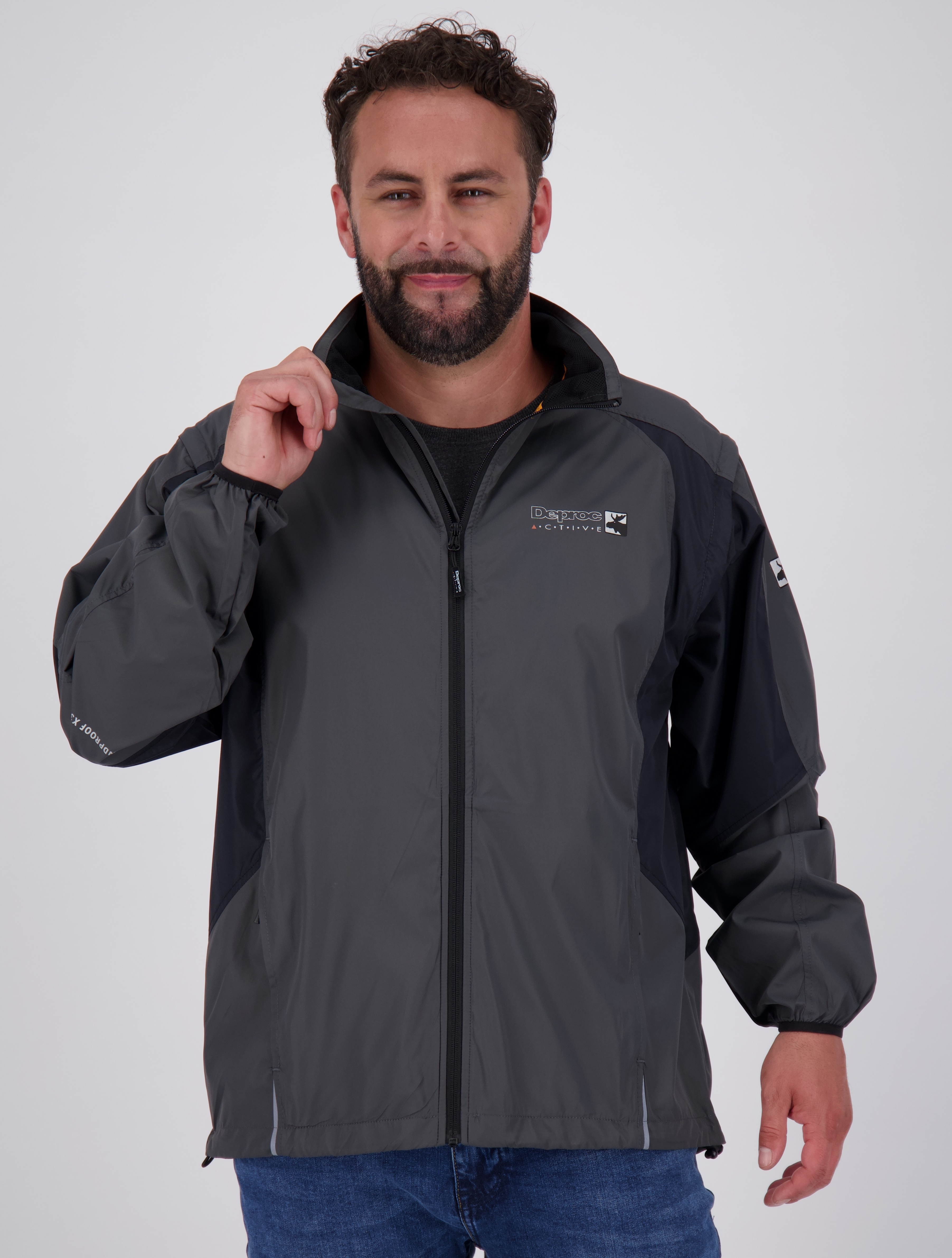 Outdoorjacke DEPROC ACTIVE "HAMTON MEN", Damen, Gr. M (50), grau (anthrazit), 100% Polyester, mit innenliegendem Gummizug, Jacken Outdoorjacke, abtrennbare Ärmel,auch in Großen Größen erhältlich