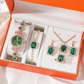 brillant dames montres cadeaux ensemble avec diamant décoré bracelet collier bague boucles d'oreilles bijoux de mode de luxe vert jade quartz poignet montre pour femme or rose 5 pièces/ensemble