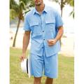 Homme Chemise Chemise Lin 2 Pièces Ensemble chemises Blanche Bleu Vert Manches courtes Plein Col Eté Printemps Extérieur Plein Air Vêtement Tenue Poche