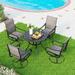 simple 5 Pieces Outdoor Dining Set 4 Sling Dining Swivel Chairs and 48 Round Metal Wood Grain Table with 2 Umbrella Hole Furniture Sets for Lawn Backyard Garden