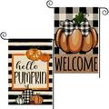 2 Pack Fall Garden YPF5 Flag Hello Pumpkin Sign 12 x 18 Inch Double Sided Burlap Pumpkin Welcome Yard Flag for Autumn Thanksgiving Harvest Buffalo Plaid Yard Outdoor Decoration