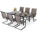 simple VILLA 7 PCS Outdoor Dining Table and Chairs 6 Spring Chairs with Higher Back and Wood-Like Table Top Dining Table Waterproof Rustproof for Garden Yard