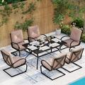 simple 7 Piece Outdoor Patio Dining Set 6 Spring Motion Cushion Chairs 1 Rectangular Table with 1.57 Umbrella Hole Furniture Sets for Lawn Backyard Garden Red