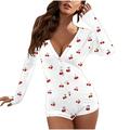 JSKUMAR Long Sleeve Button V Neck Slim Fit Pajamas Jumpsuit Gradient Color Plaid Print Short Romper Sleepwear Tights Onesie White M