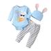 Girls Outfits Long Sleeve Easter Letter Cartoon Rabbit Prints Romper Bodysuit Striped Pants Hat Clothes For Girls Blue 3 Months-6 Months