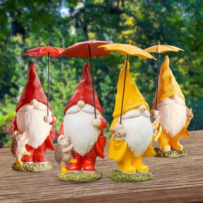 Garden Gnome With Umbrella And Woodland Animals (Set Of 4) by Melrose in Yellow