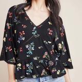 Anthropologie Tops | Anthropologie Parvati Floral Embroidered V-Neck Blouse Xl Black Eyelet Relaxed | Color: Black/Yellow | Size: Xl
