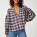 Free People Tops | Free People Jessi Plaid Top Grey Combo Balloon Sleeves Oversized Size Xs Cotton | Color: Blue | Size: Xs