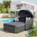 Outdoor Patio Furniture Sunbed with Adjustable Canopy Rattan Daybed With Pillows Double Lounge, Gray+Blue