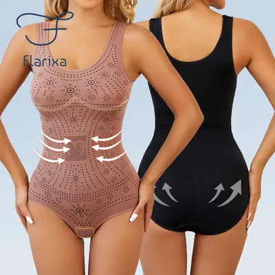 Flarixa Plus Size Shapewear für Frauen, offener Schritt, Bodysuit, bedruckt, schlankmachende Unterwäsche, postpartale, nahtloses Body Shaper-Korsett, 5XL