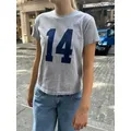 T-Shirt Vintage à Manches Courtes et Col Rond en Coton pour Femme Haut Court Gris Streetwear