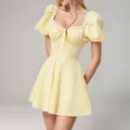 Mini robe en dentelle jaune pour femme manches courtes bouffantes ligne A col carré jupe pour