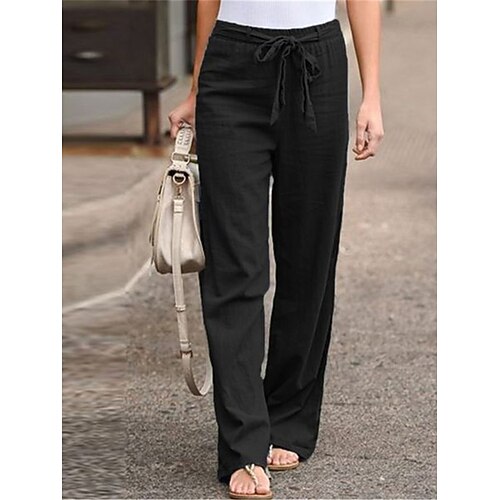 Damen-Sommerhose aus 100 % Baumwolle mit weitem Bein, Streetwear-Stil, lässig, lang, hoher Bund, schlicht, mit Tasche, hoher Schnitt, atmungsaktiv, weich, mikroelastisch, ideal für Urlaub, Alltag, schwarz, weiß, hellgrün Image