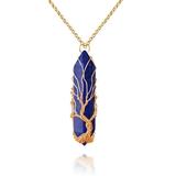 VIBILIA Healing Crystal Necklace Tree of Life Wire Wrapped Lapis Lazuli Stone Point Pendant Necklace Hexagonal Reiki Spiritual Quartz Gemstone Jewelry for Women Men