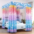 Mengersi Canopy Bed Curtains for Girls Twin Size, Cloud Sky Rainbow Pattern Princess Bed Curtains for Bedroom Girls Room Decor(Pink and SkyBlue)