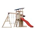 AXI Malik Wooden playhouse complete with 2 swings, red slide/Outdoor playground with sandpit and play wall/Slide with water connection | Outdoor wooden playhouse on stilts