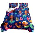 Little Mermaid Princess Bedding Comforter Sets Afro Hair Girl Comforter Set,Toddlers Cute Afro Melanin Ocean Quilt Double,American Black Girls Duvet Insert Shell Starfish Coral Kawaii Room Decor