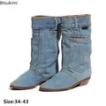 Nuovi stivali a metà polpaccio in Denim da donna 2024 stivali corti Casual con tacco basso Jeans