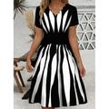 Frauen Mini Kleid Lässiges Kleid Petite Kleid Sommerkleid A-Linie Kleid Vintage Stylisch Lässig Urlaub Zuhause Party Lockere Passform Geometrische Streifen Kurze Ärmel Herzform Schwarz und Weiß Sommer