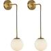 DM Lighting Frosted White Glass Wall Sconce Set of Two Brass Gold Globe Ball Wall Light Adjustable Cord Industrial Vanity Wall Lamp for Bathroom Mirror Bedside Stairs (White)