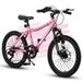 20 Inch Kids Mountain Bike Boys Girls Bicycle Ages 8-12 7 Speed Versatile City Bike with Front Suspension Disc U Brake High Carbon Steel Frame Kids Bicycles Pink