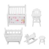 Dollhouse Nursery Furniture White 1:12 Crib Bassinet Chair Hobbyhorse Round Stool Alloy Miniature Baby Furniture YaoFengYing12