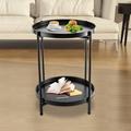 FETCOI Metal End Table Round Side Table with 2-Tier Removable Tray Folding Accent Table