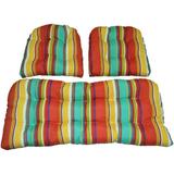 3 Piece Wicker Cushion Set - Yellow Green Blue Coral Stripe Indoor/Outdoor Fabric Cushion For Wicker Loveseat Settee & 2 Matching Chair Cushions