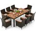 Gymax 9PCS Wicker Dining Set Acacia Wood Table Top Umbrella Hole Cushions Chairs Patio