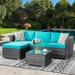 Outdoor Furniture Patio Sets Low Back All-Weather Small Rattan Sectional Sofa with Tea Table&Washable Couch Cushions Upgrade Wicker Silver Gray Rattan 3-Piece (Aegean Blue)