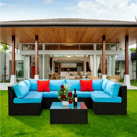 5 Pieces Patio Furniture Set Outdoor PE Rattan Wicker Conversation Set Outdoor Sectional Furniture Set with Glass Top Coffee Table Blue