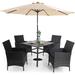 simple & William Outdoor 6 Pieces Dining Set with 4 Rattan Chairs 1 Metal Table and 1 10ft 3 Tier Auto-tilt Umbrella(No Base) Orange Red Modern Patio Furniture for Poolside Porch