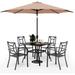 simple VILLA 5 Piece Patio Dining Set with 10ft Umbrella 37 Square Metal Dining Table & 4 Stacking Metal Chair with 3 Tier Navy Umbrella for Outdoor Deck Yard Porch