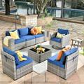 Vcatnet Direct 8 Pieces Patio Furniture Outdoor Sectional Sofa Wicker Conversation Set with Rocking Chair and Coffee Table for Garden Porch Navy blue