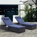 Outdoor Chaise Lounge Chair Set of 2 Patio 5-Level Adjustable Rattan Pool Lounger All Weather Lounge Chair with Removable Cushions for Backyard Porch Garden Beach (Black+Navy Blue)