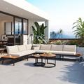 Miekor Furniture 6-Piece Outdoor Sectional Sofa Set with Round Nesting Coffee Tables and Seating Sofa with Cushions for Patio Porch and Garden (Beige) W5UAAA