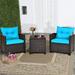 3 Piece Patio Furniture Set Wicker Bistro Conversation Set W/ 2 Cushioned Armchairs & Glass Topped Table Outdoor Rattan Sofa Set Patio Furniture For Porch Balcony Poolside (Turquoise)